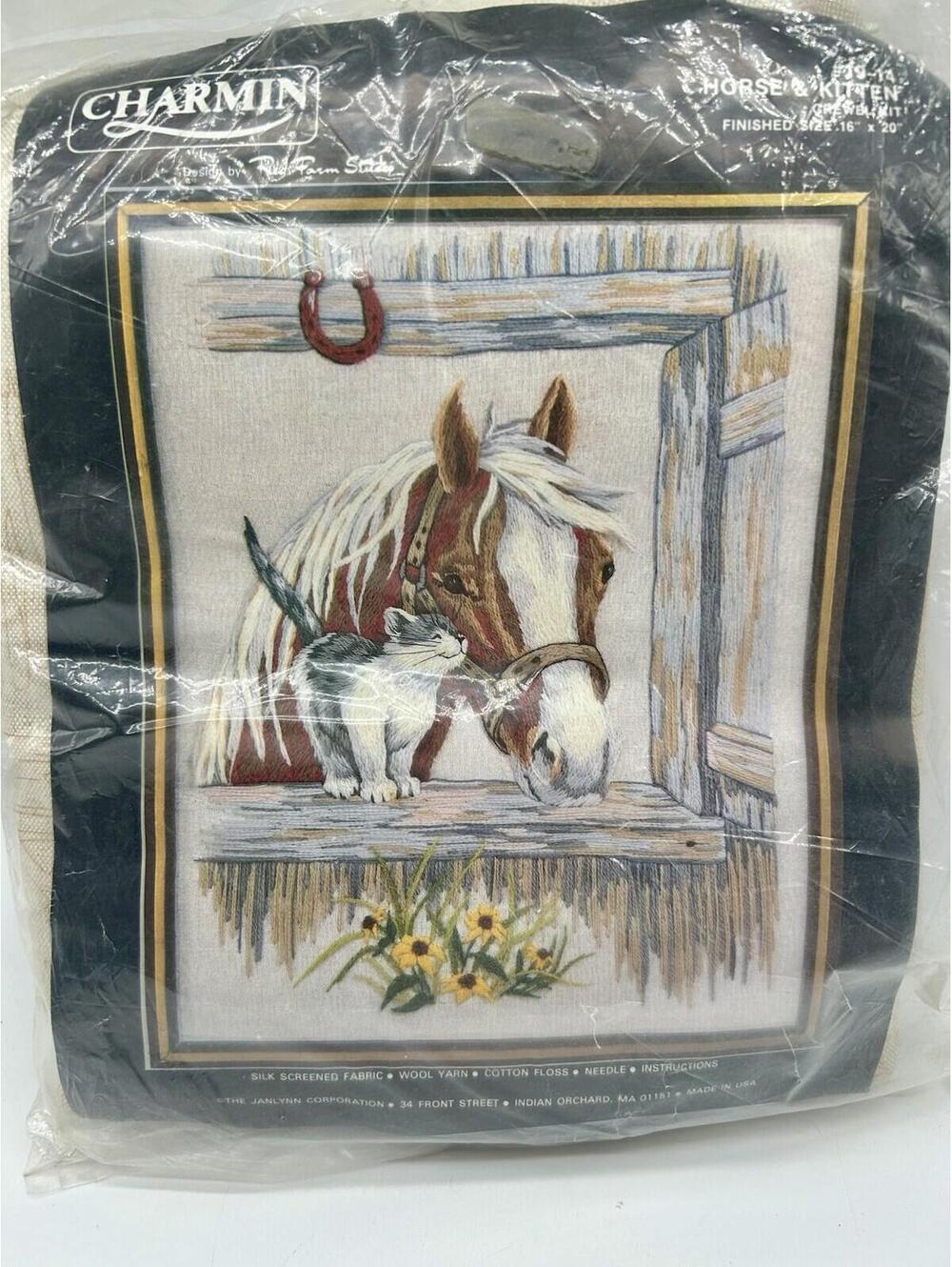 Vintage Crewel Embroidery Kit Horse & Kitten #19-14 Charmin Janlynn 16x20" NEW